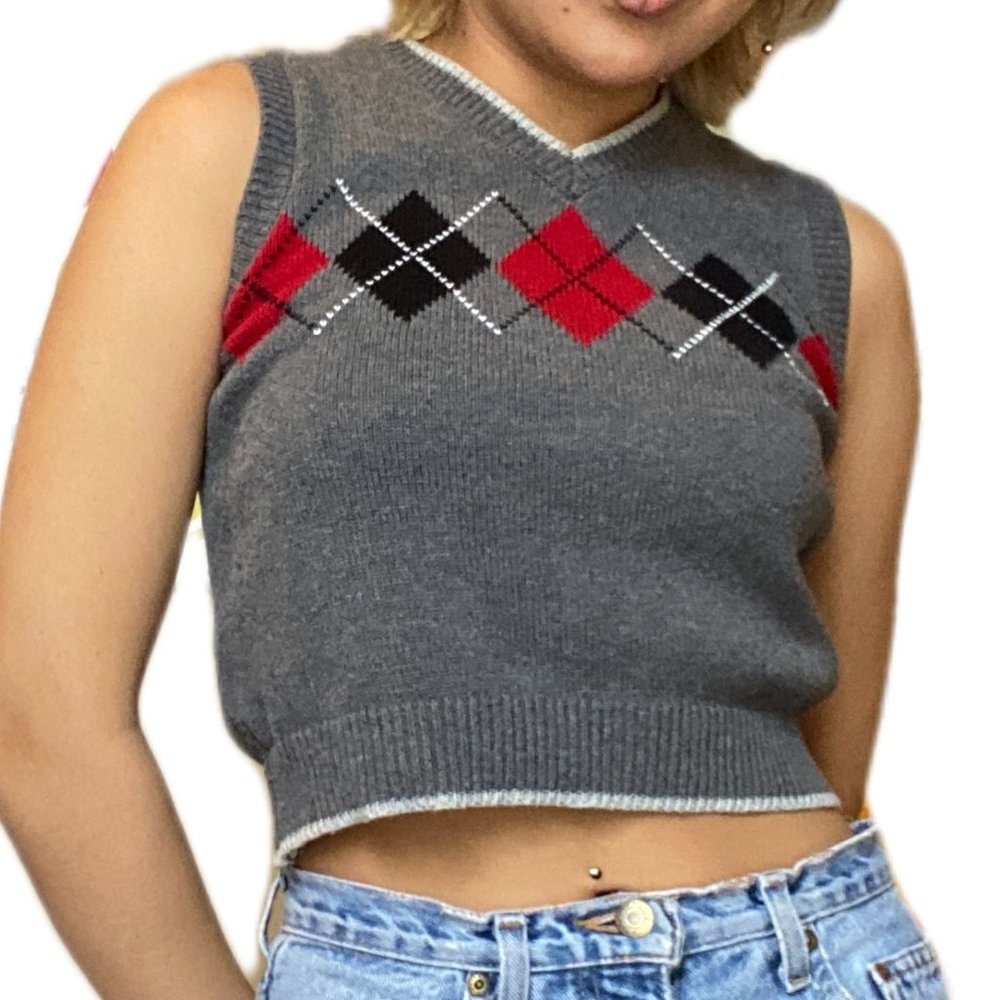 Cropped Pattern Sweater Vest Grey/Black/Red/White